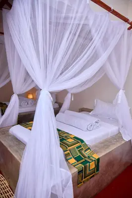 two beds with white drapes in a room at freedom inn in Arusha
