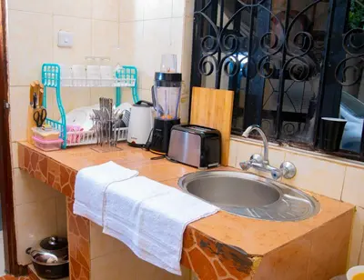a kitchen counter with a sink and a window at Mella home Arusha in Marombosa