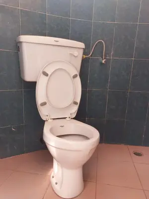a white toilet in a bathroom with a tiled wall at Hill View Garden Hotel in Moshi