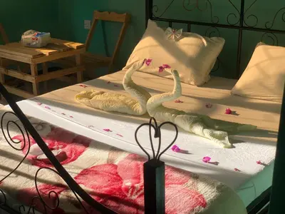 two toy flamingos are sitting on a bed at Karibu Eco-Hostel Arusha in Arusha