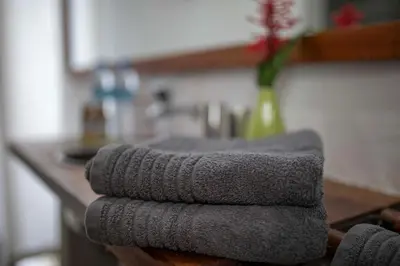 a stack of towels on a counter in a kitchen at Kaliwa Lodge in Moshi