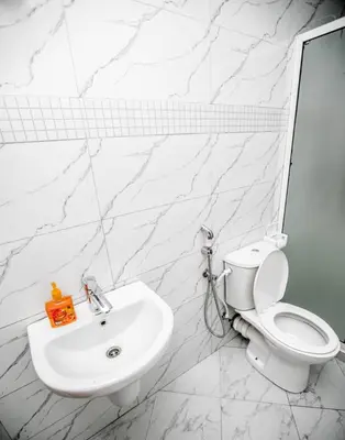 a white bathroom with a toilet and a sink at Snow View Rau Apartments in Moshi