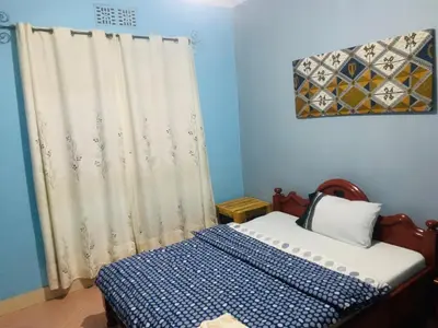 a small bedroom with a bed and a curtain at Sinana country Home-Backpackers Stay in Kibongoto