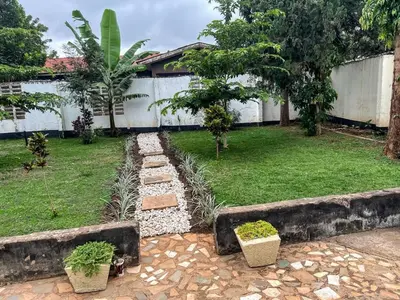 a garden with a stone path and some plants at The Lion King Homestay in Moshi