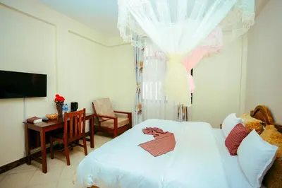 a bedroom with a bed and a desk and a television at CM Luxury Lodge in Moshi