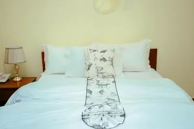a bedroom with two beds with white sheets at CM Luxury Lodge in Moshi