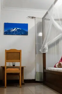 a room with a bed and a chair and a snow covered mountain at The Secret Garden Hotel Moshi in Moshi