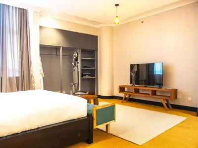 a bedroom with a bed and a flat screen tv at Sanna Boutique Hotel in Arusha