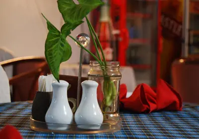 a table with three vases and a plant in a jar at Mc-Elly's Hotel in Arusha