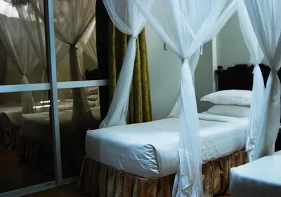 a bedroom with two beds with white drapes at Mc-Elly's Hotel in Arusha
