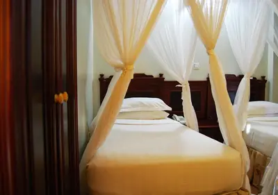 a bedroom with two beds with drapes at Mc-Elly's Hotel in Arusha