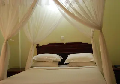 a bedroom with a canopy bed with white drapes at Mc-Elly's Hotel in Arusha