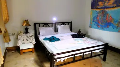 a bedroom with a large bed with a blue object on it at Home Feeling Neneu Lodge in Moshi