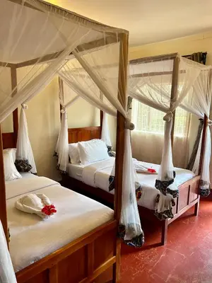 a bedroom with two beds with mosquito nets at Patamu Restaurants Lodge & Safaris in Karatu