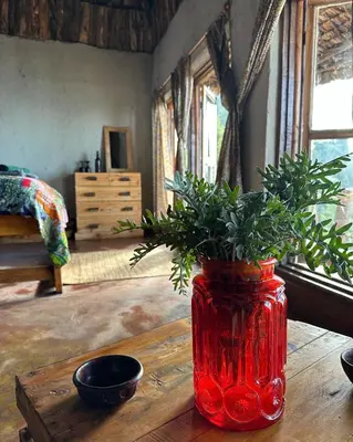 a red vase with a plant in it on a table at Uvi House & Restaurant in Mntindili
