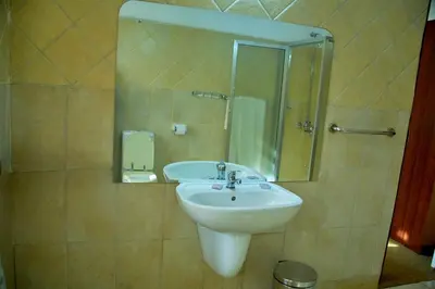 a bathroom with a white sink and a mirror at NGORONGORO CORRIDOR LODGE Karatu in Karatu