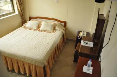 a bedroom with a bed and a table and a television at Rich Hotel in Arusha