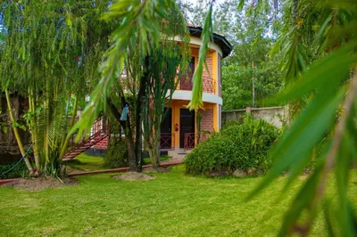 a house in the middle of a yard with trees at Kilimanjaro Eco Lodge in Usa River