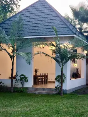 a white house with palm trees in front of it at Amala villas in Arusha