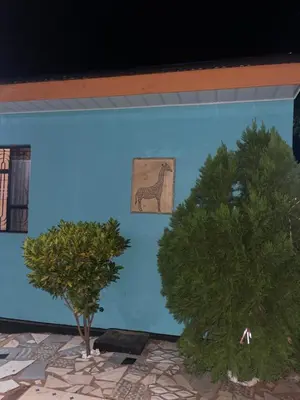 a blue wall with a picture of a giraffe on it at KILIMANJARO HOME OF RASON in Msaranga
