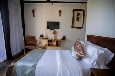 a bedroom with a bed with a television and a desk at The Maridadi Hotel in Moshi