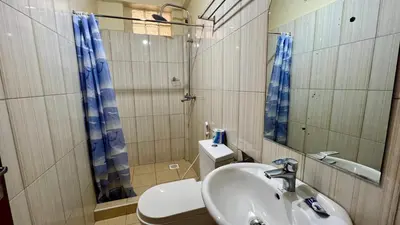 a bathroom with a sink and a toilet and a mirror at Runako Hostel in Arusha