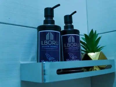 two bottles of hair products sitting on a shelf at ILBORU HAVEN HOMEs in Arusha