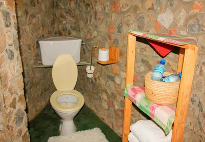 a bathroom with a toilet in a stone wall at Songota Falls Lodge in Arusha