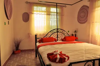 a bedroom with a bed with red pillows on it at Msovi Hideaway in Arusha
