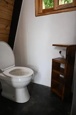 a bathroom with a white toilet and a wooden cabinet at Msitu Hut in Tuvaila