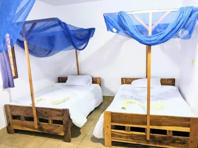 two beds with blue umbrellas in a room at STC.SAFARI LODGE in Oldeani