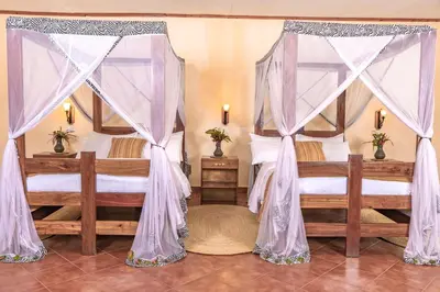 a bedroom with two twin beds with mosquito nets at KUDU LODGE & CAMPSITE in Karatu