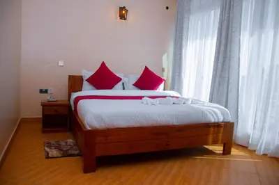 a bedroom with a bed with red pillows and a window at Aves Executive Hotel in Arusha