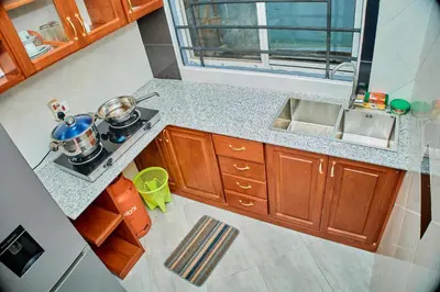 a small kitchen with a stove and a sink at Arusha Serene Apartments in Arusha