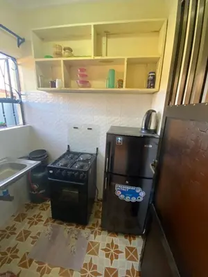 a small kitchen with a stove and a refrigerator at Maasaifari Osmlai in Arusha