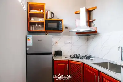 a kitchen with a stainless steel refrigerator and red cabinets at Peakline Apartments in Arusha