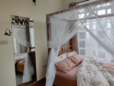 a bedroom with a canopy bed and a window at Garden View with detached Bathroom in Arusha
