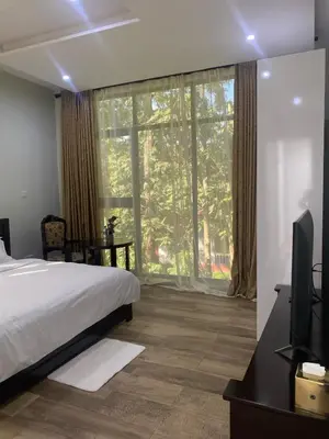 a bedroom with a bed and a large window at Serene Vacay Hotel Marangu in Marangu
