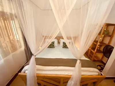 a bed in a room with a curtain at Tukutane Kilimanjaro - Homestay in Uru