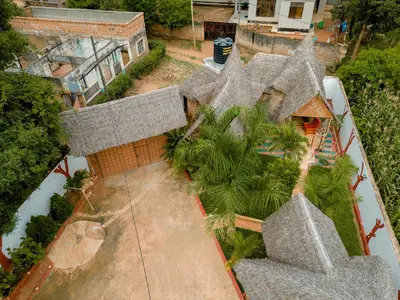 an overhead view of a house with a roof at Moshi hostel lodge TANZANIA in Moshi
