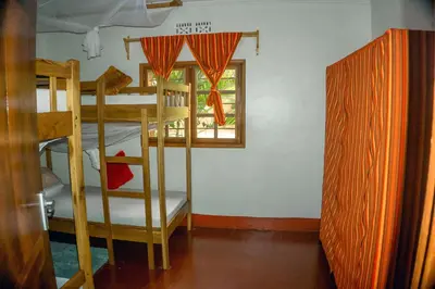 a room with two bunk beds and a window at Moshi hostel lodge TANZANIA in Moshi