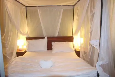 a bedroom with a canopy bed with white sheets and pillows at Jangwani River View Suits in Mto wa Mbu