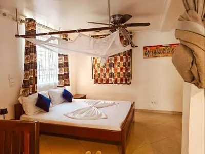 a bedroom with a bed with a ceiling fan at SafariVITA Villa in Moshi