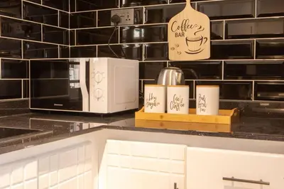 a kitchen with a counter with a microwave and appliances at Serenita Homes Arusha in Arusha