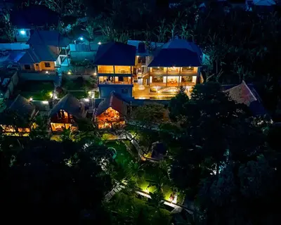 an aerial view of a house at night at Samora River Lodge in Arusha