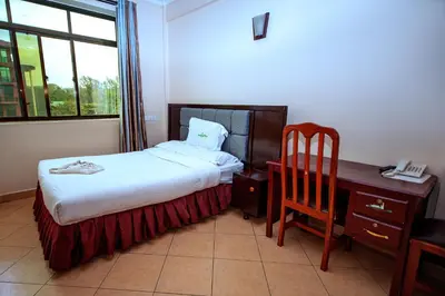 a bedroom with a bed and a desk and a chair at Hotel Graceland Arusha in Arusha