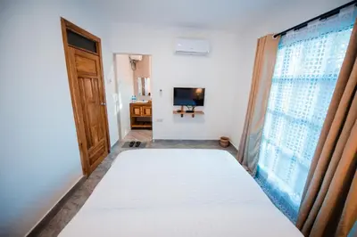 a bed in a room with a window and a television at Katiti Lodge in Arusha