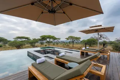 an infinity pool with a table and chairs and an umbrella at Tarangire Elephant Springs in Engassumet