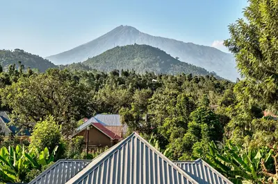 a mountain in the distance with houses and trees at Elmitho House in Arusha