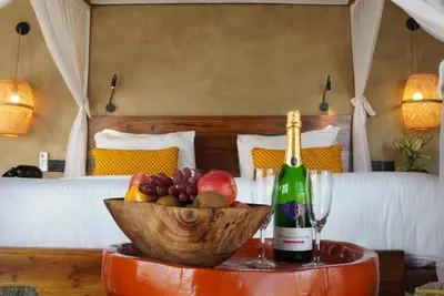 a table with a bowl of fruit and a bottle of champagne at Suricata Boma Lodge in Mto wa Mbu